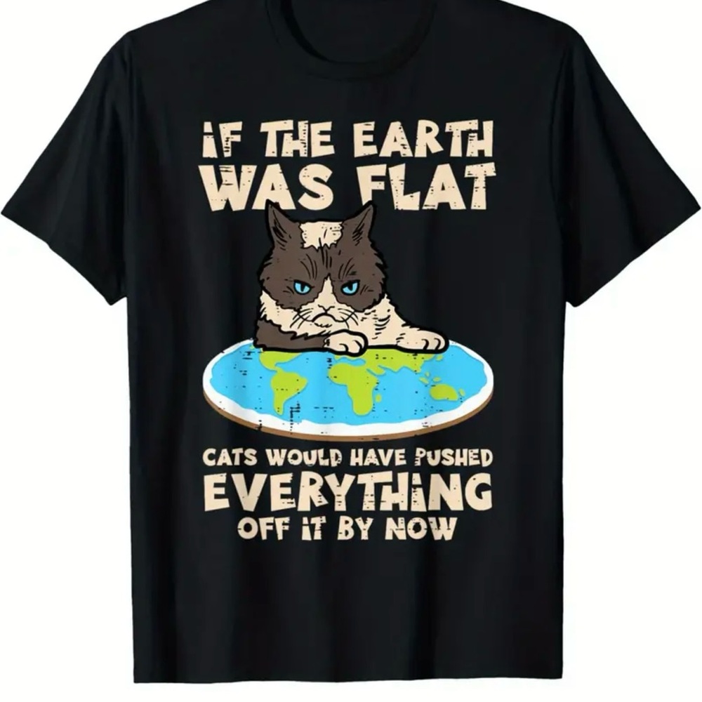 Funny Black Cat Flat Earth T-Shirt